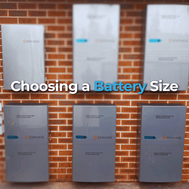 Five grey Enphase battery units of varying sizes are mounted on a brick wall, with the text "Choosing a Battery Size" displayed across the image.