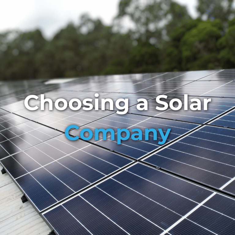 Rows of solar panels installed outdoors with the text "Choosing a Solar Company" displayed over the image. Trees are visible in the background.