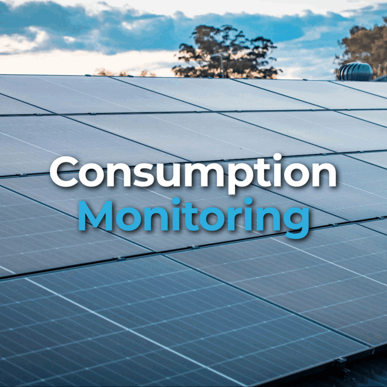 Rows of solar panels on a rooftop under a partly cloudy sky, with the words "Consumption Monitoring" overlaid in white and blue text.