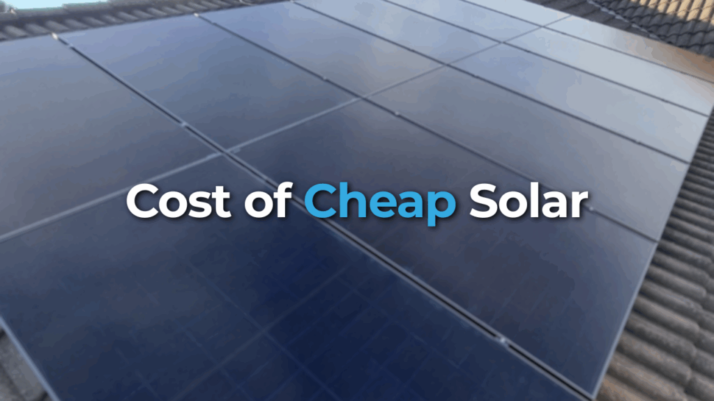 A rooftop with solar panels features the text "Cost of Cheap Solar" centered on the image.