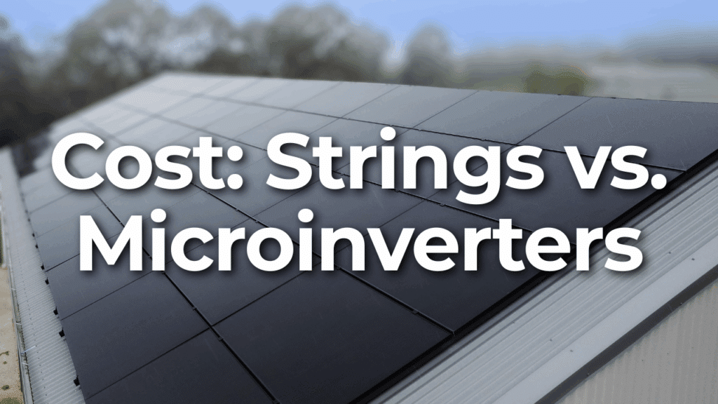 A rooftop solar panel array with text overlay reading "Cost: Strings vs. Microinverters.