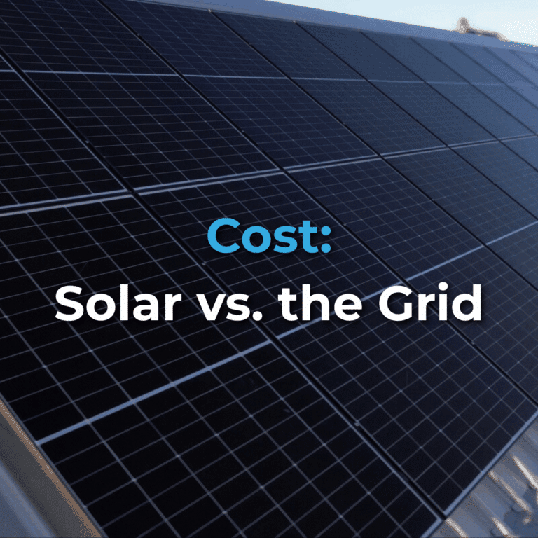 Close-up of solar panels with text overlay reading "Cost: Solar vs. the Grid," referencing a comparison between solar energy and traditional electricity sources.