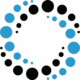 A circular pattern of black and blue solid circles of varying sizes, arranged on a white background with an open space in the center.