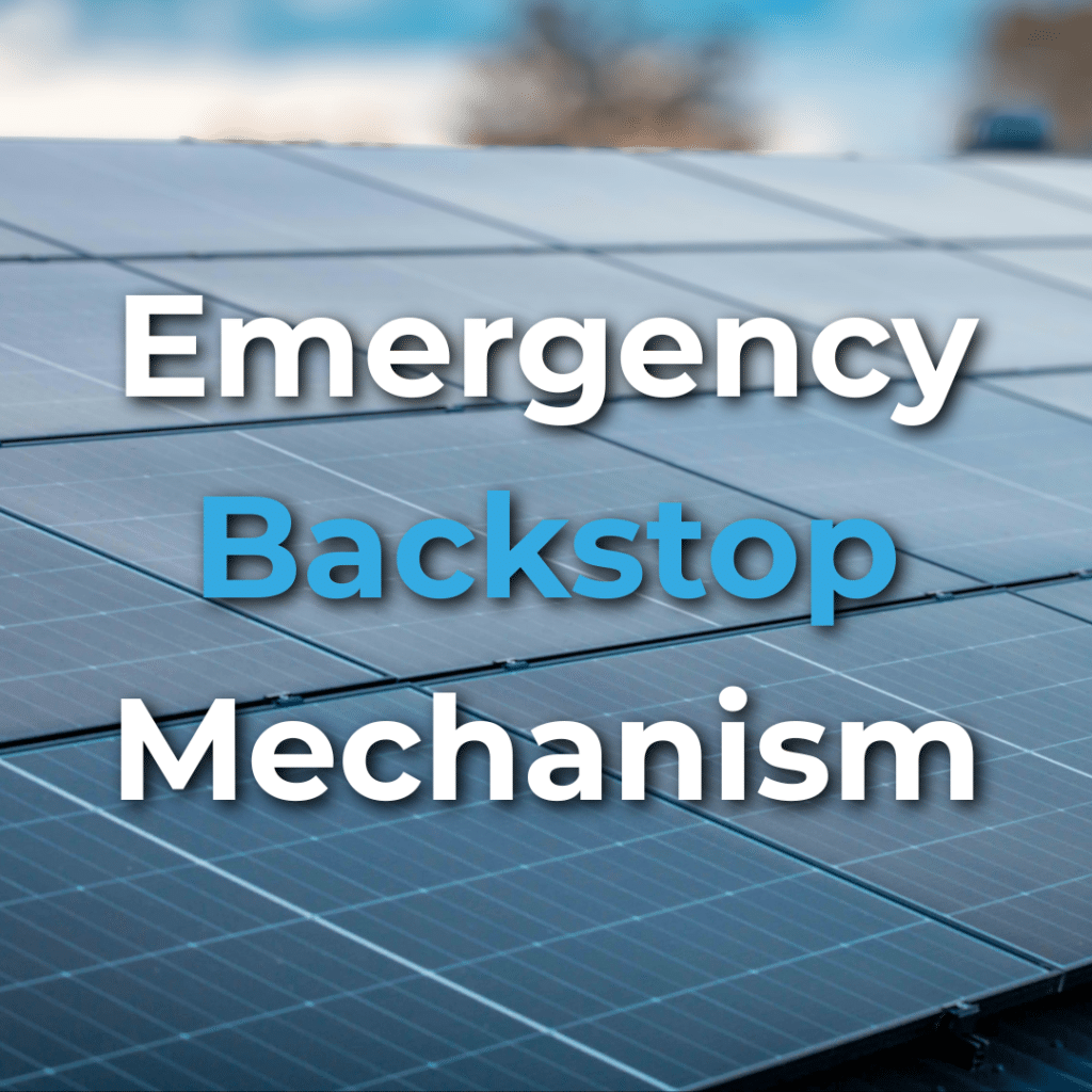 Solar panels with the words "Emergency Backstop Mechanism" displayed in large white and blue text.