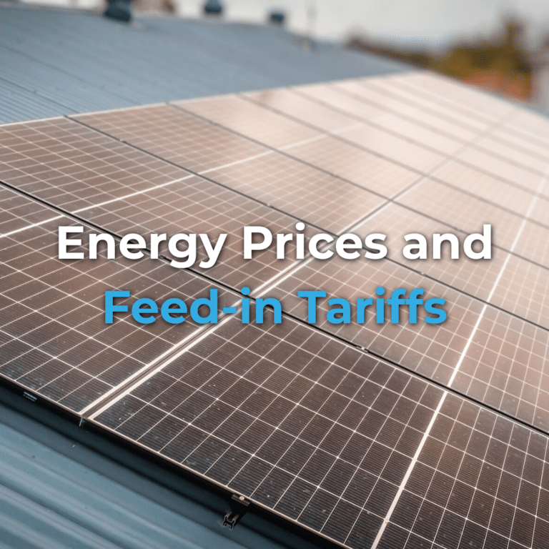 Rows of solar panels installed on a rooftop with the text "Energy Prices and Feed-in Tariffs" overlaid on the image.