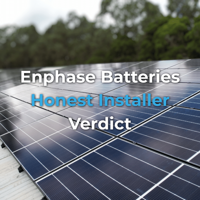 Rows of solar panels outdoors with trees in the background. Overlaid text reads: "Enphase Batteries Honest Installer Verdict.