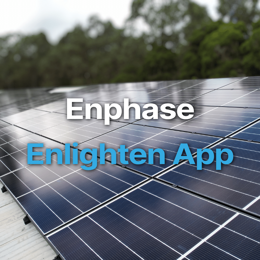 Rows of solar panels installed outdoors with the text "Enphase Enlighten App" displayed over the image. Trees and blurred sky visible in the background.