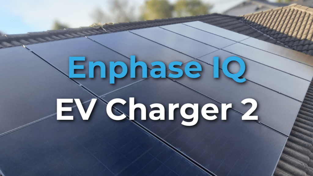 Solar panels installed on a rooftop with the text "Enphase IQ EV Charger 2" overlaid in blue and white font.