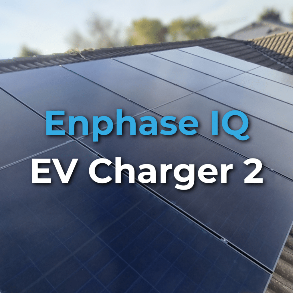 Close-up view of solar panels installed on a rooftop with the text "Enphase IQ EV Charger 2" overlaid on the image.