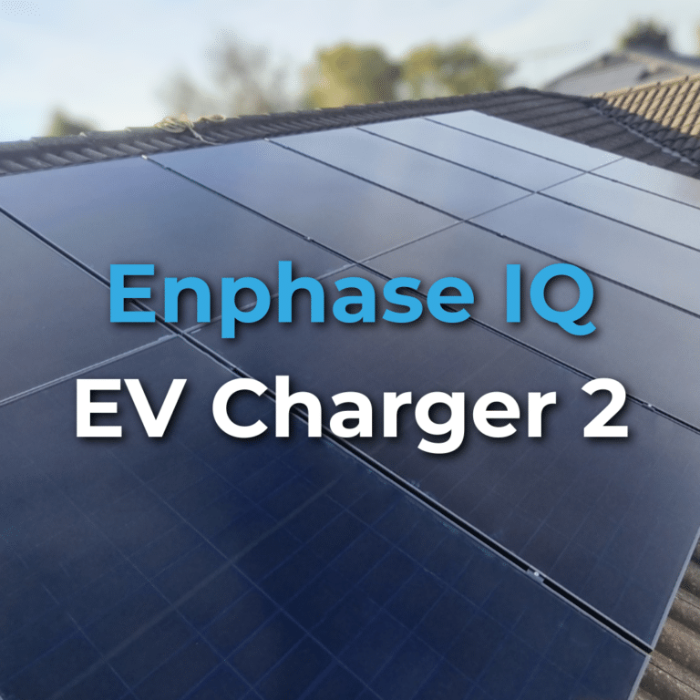 Close-up view of solar panels installed on a rooftop with the text "Enphase IQ EV Charger 2" overlaid on the image.