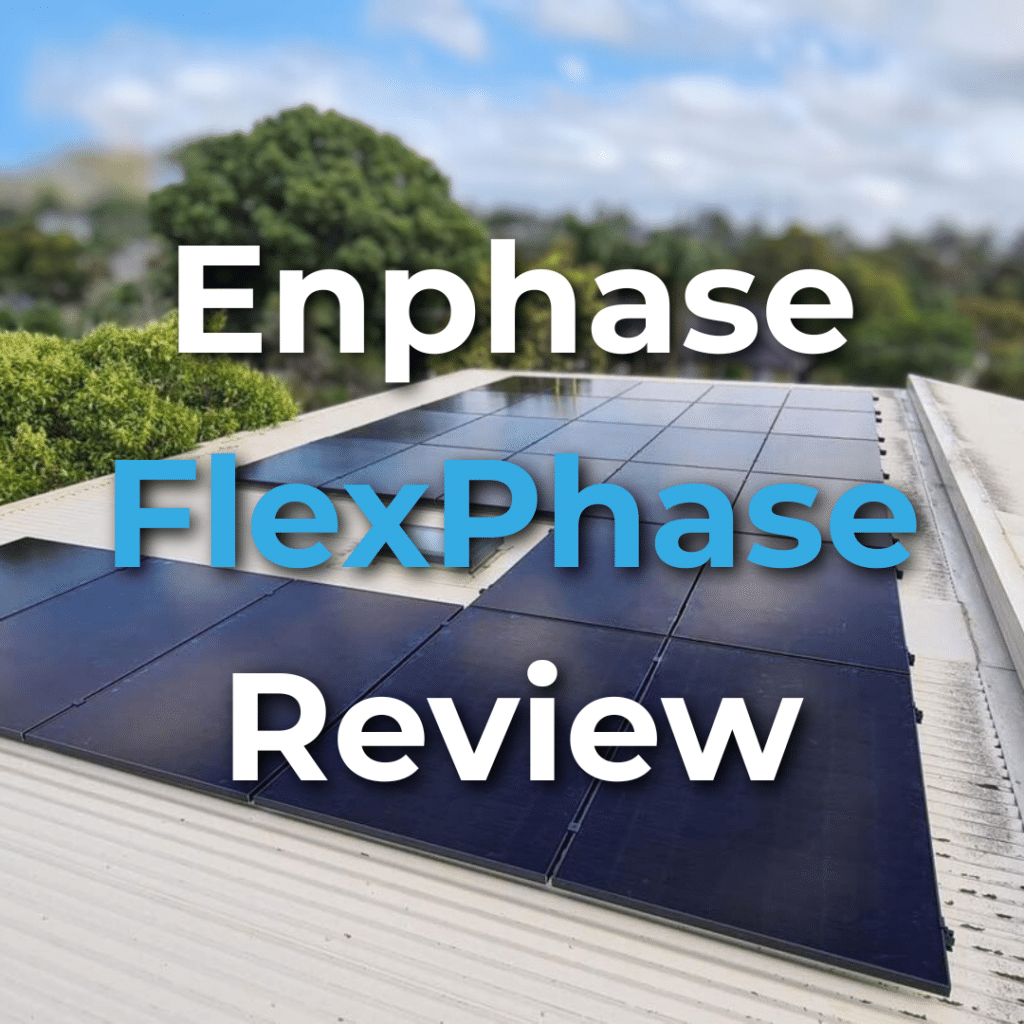 A row of solar panels installed on a rooftop with trees and sky in the background; overlaid text reads "Enphase FlexPhase Review.