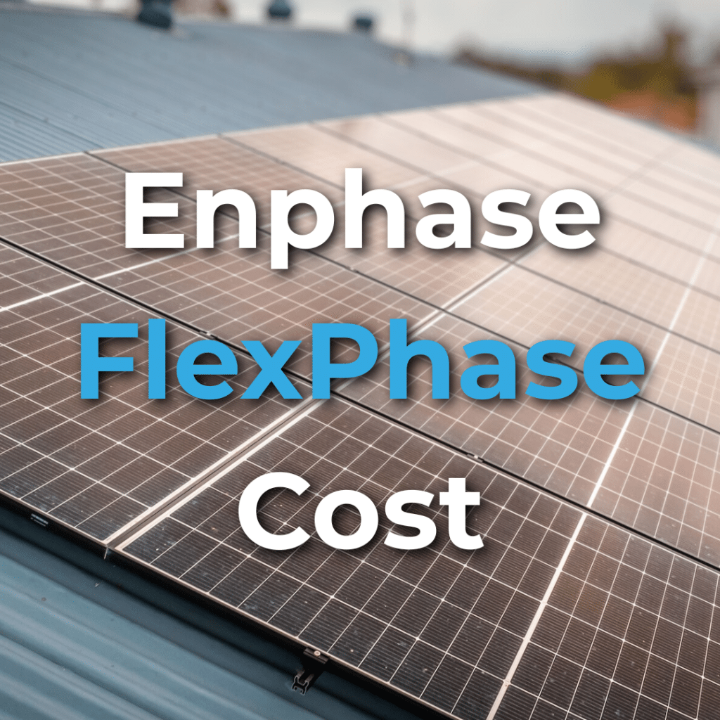 Close-up of solar panels on a rooftop with the words "Enphase FlexPhase Cost" overlaid in large, bold text.