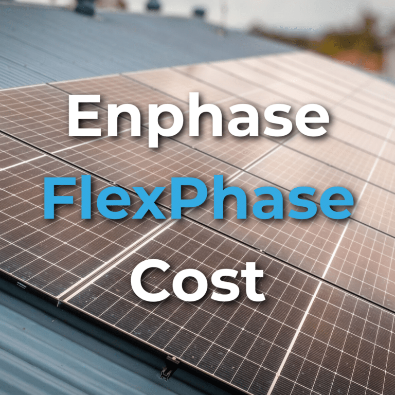 Close-up of solar panels on a rooftop with the words "Enphase FlexPhase Cost" overlaid in large, bold text.