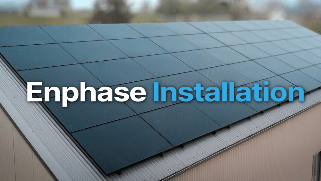 Rooftop solar panel installation with the text "Enphase Installation" overlaid in bold white and blue letters.