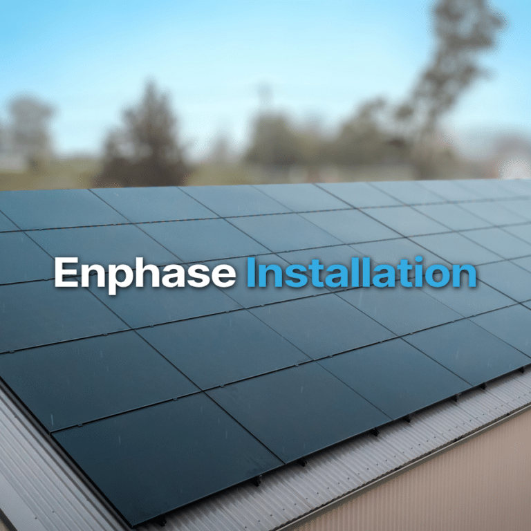 A rooftop solar panel system on a building with the words "Enphase Installation" displayed over the image.