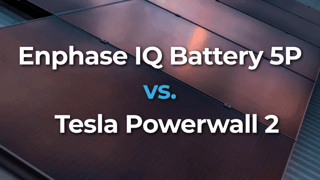 Text reads "Enphase IQ Battery 5P vs. Tesla Powerwall 2" over a background image of solar panels.