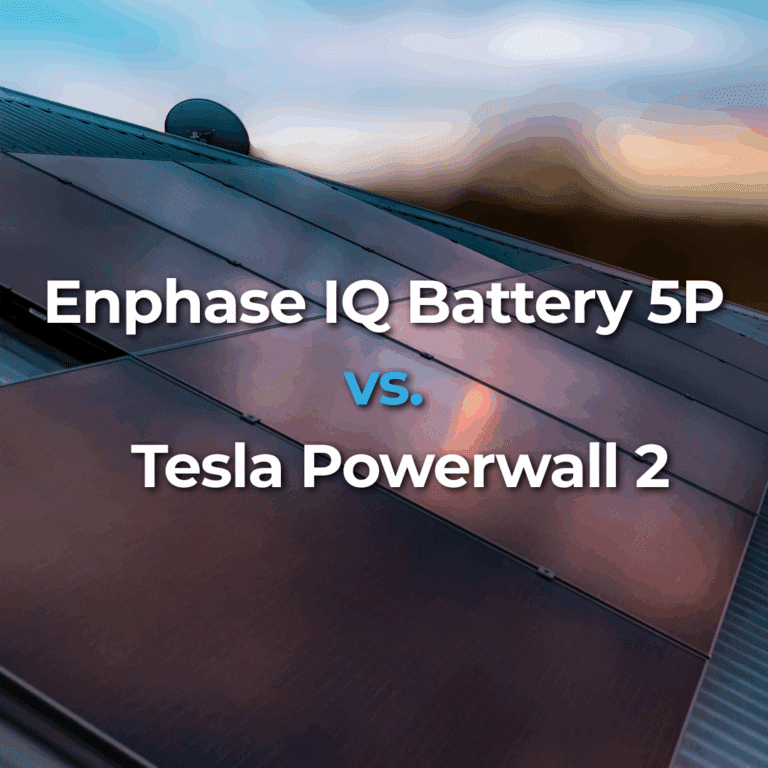 Solar panels on a roof with text reading “Enphase IQ Battery 5P vs. Tesla Powerwall 2.”.