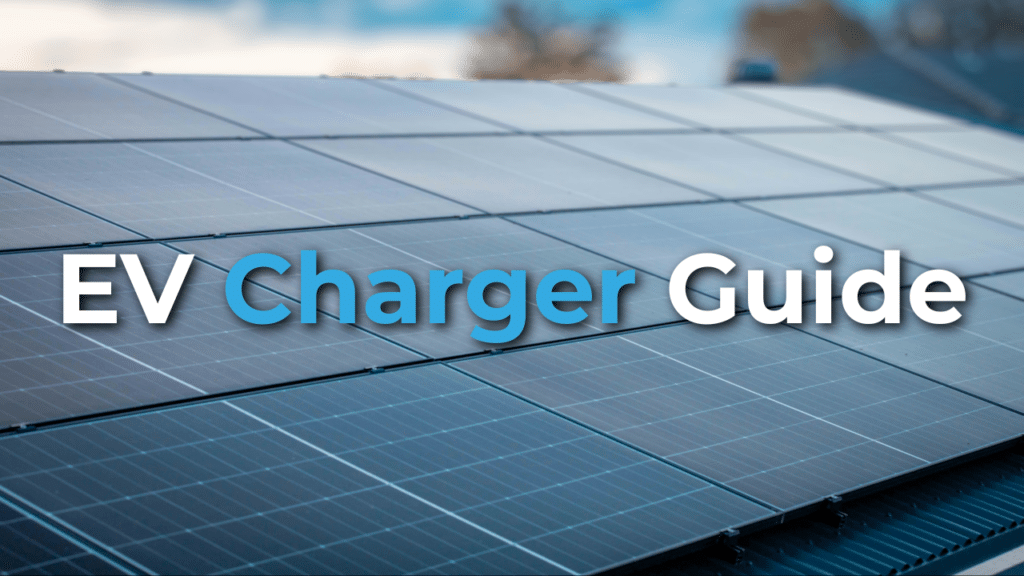 Close-up of solar panels with the text "EV Charger Guide" superimposed on the image.