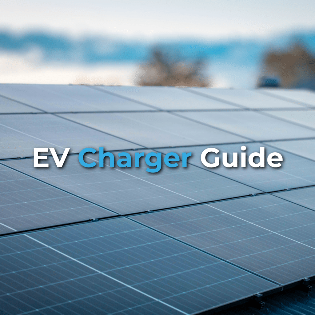 Close-up of solar panels on a rooftop with the text "EV Charger Guide" overlaid in white and blue font.