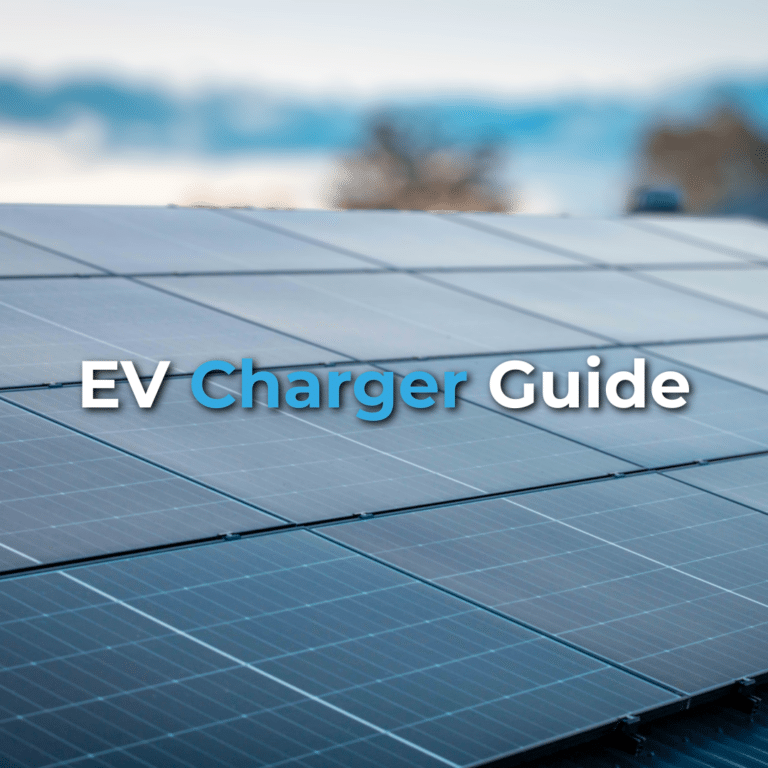 Close-up of solar panels on a rooftop with the text "EV Charger Guide" overlaid in white and blue font.