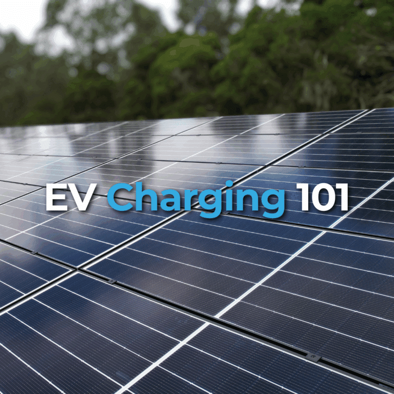 Close-up view of solar panels outdoors with trees in the background. Bold text overlay in white and blue reads “EV Charging 101.”.