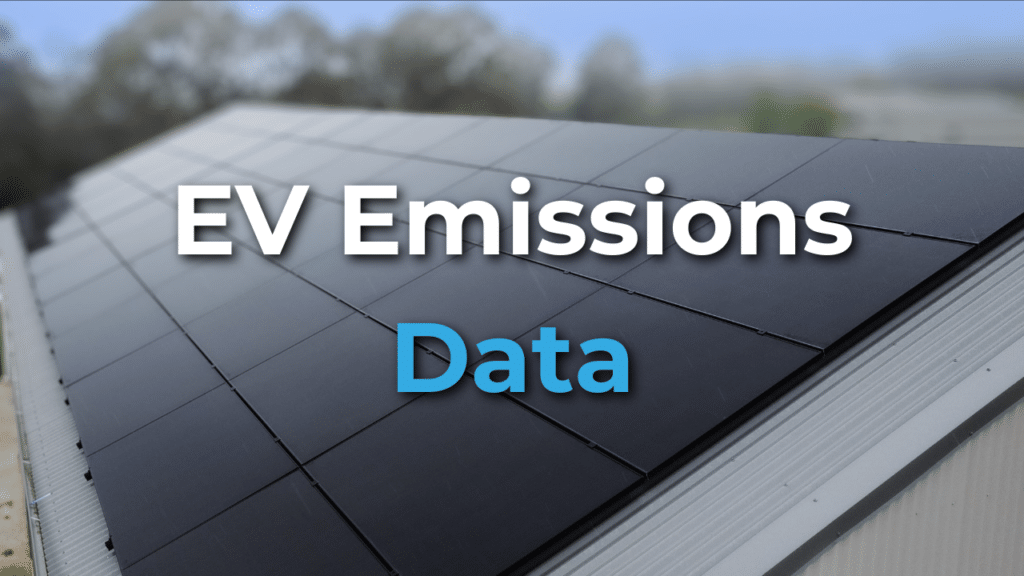 A rooftop covered with solar panels is shown with the words "EV Emissions Data" overlaid on the image.