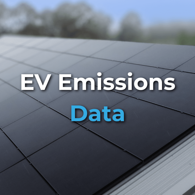 Close-up of solar panels on a roof with the text "EV Emissions Data" overlaid; trees and sky blurred in the background.