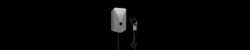 A wall-mounted electric vehicle charging unit with a connected charging cable and plug is displayed against a black background.