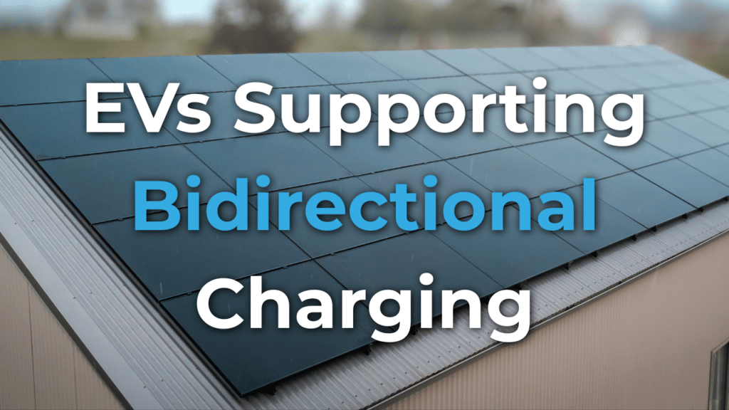 A solar panel array is installed on a roof with the text "EVs Supporting Bidirectional Charging" overlaid across the image.