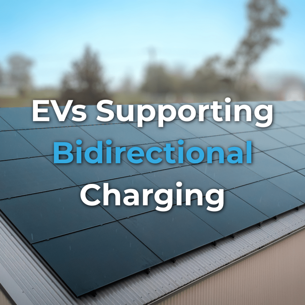 A solar panel array on a sloped rooftop with the text “EVs Supporting Bidirectional Charging” overlaid.