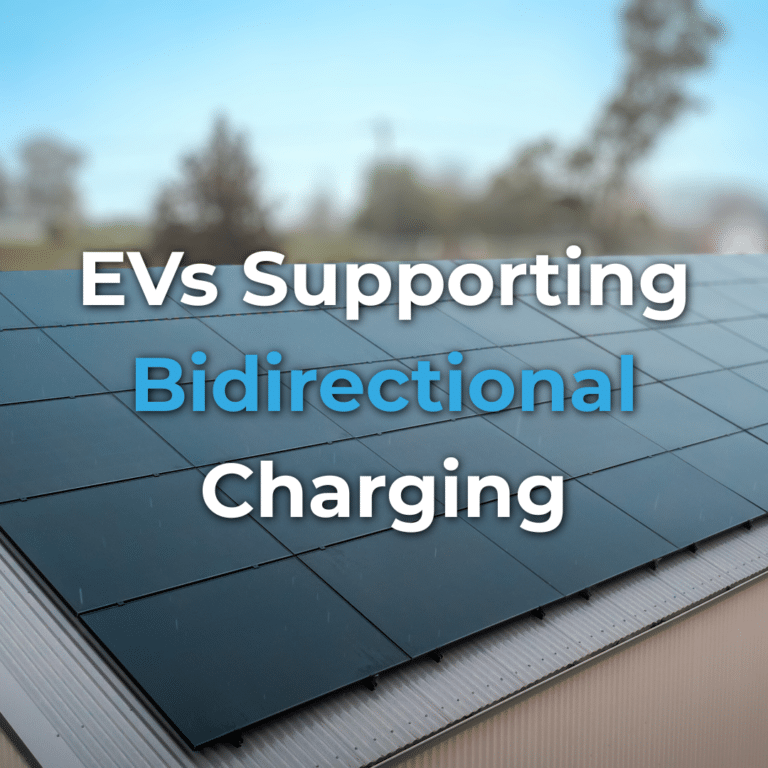 A solar panel array on a sloped rooftop with the text “EVs Supporting Bidirectional Charging” overlaid.