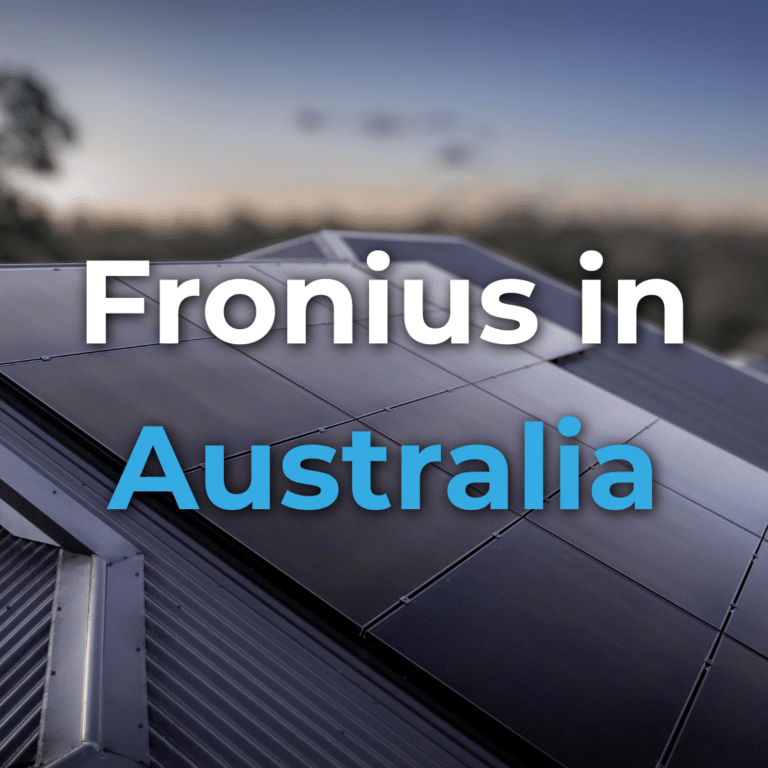 A rooftop with solar panels at sunset, with the text "Fronius in Australia" written over the image.