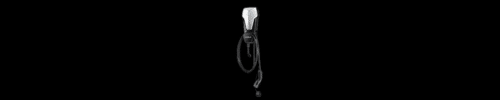 A black electric vehicle charging station with a coiled charging cable is mounted against a black background.