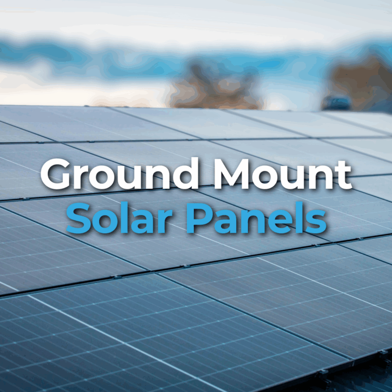 Rows of ground-mounted solar panels with the text "Ground Mount Solar Panels" overlaid on the image.