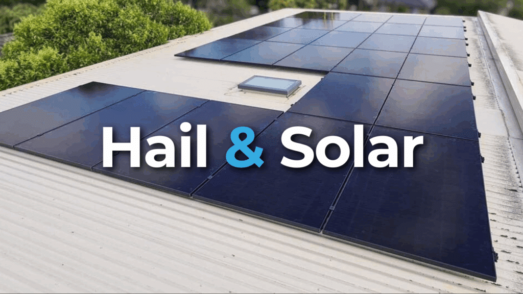 A rooftop with rows of solar panels under a skylight, surrounded by greenery; the text "Hail & Solar" is overlaid on the image.