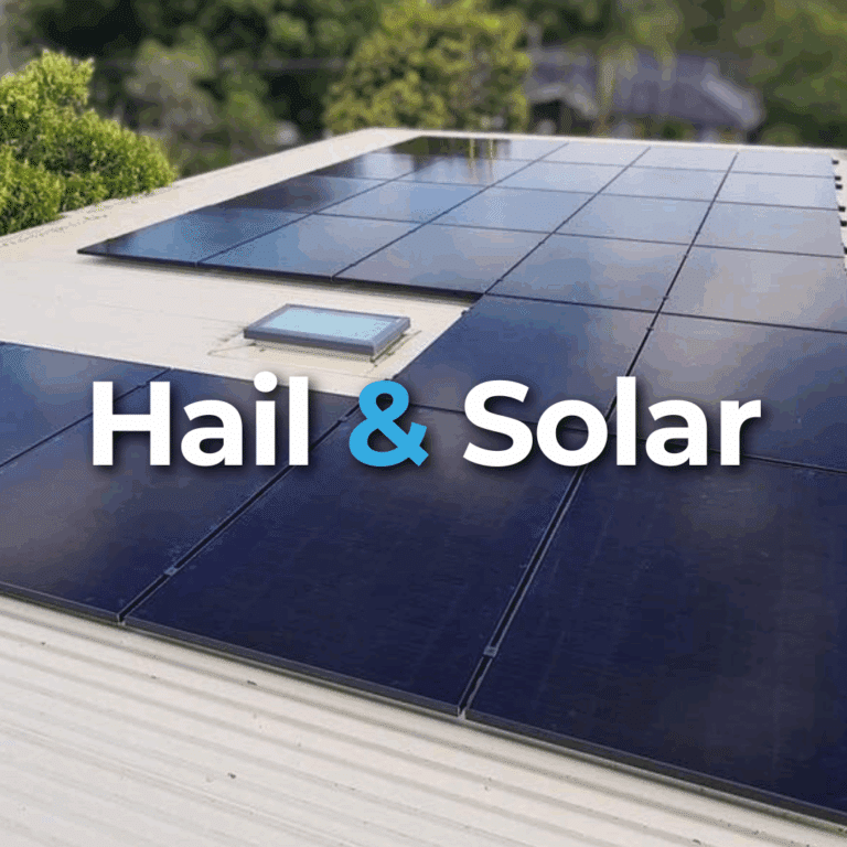 A rooftop with dark solar panels installed; the words "Hail & Solar" are overlaid in large, bold text.