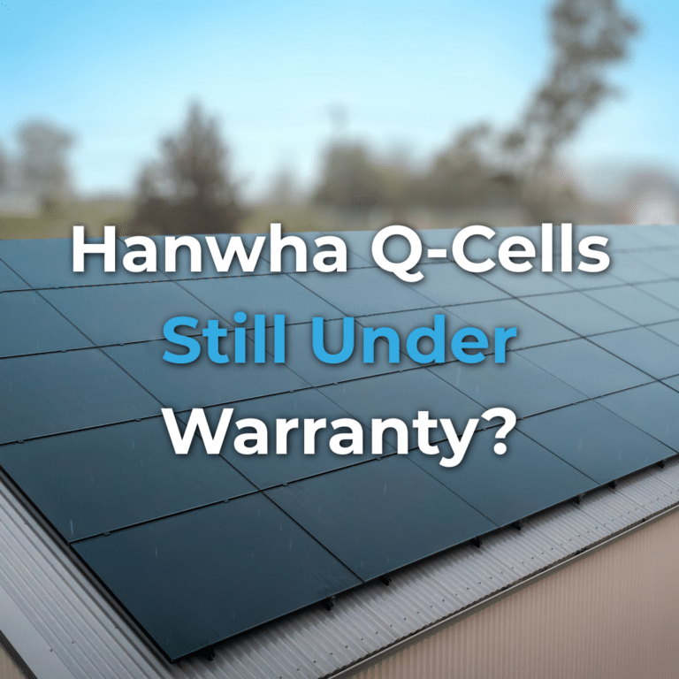 A rooftop with black solar panels and the text "Hanwha Q-Cells Still Under Warranty?" displayed over the image.