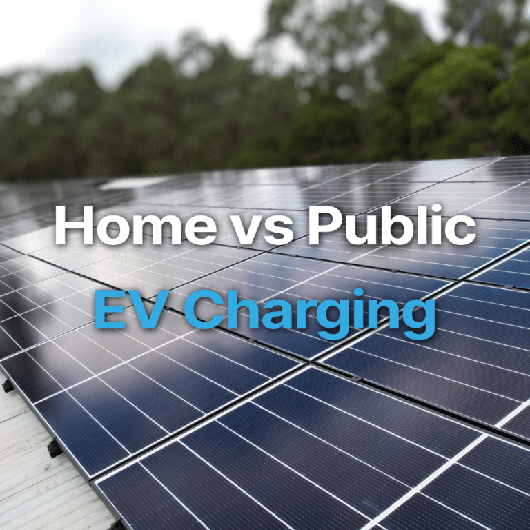 Rows of solar panels with the text “Home vs Public EV Charging” overlaid, set against a blurred background of trees and sky.
