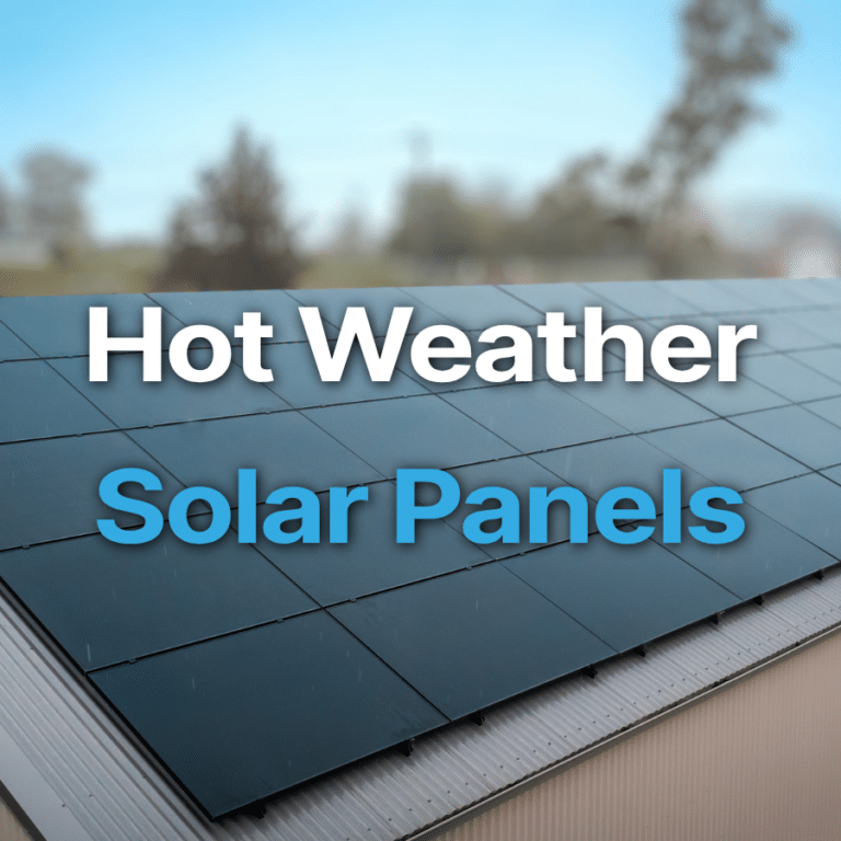 Solar panels installed on a sloped roof with blurred trees and sky in the background, overlaid with the text "Hot Weather Solar Panels.