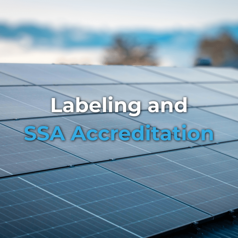Close-up of solar panels outdoors with the text "Labeling and SSA Accreditation" displayed over the image.