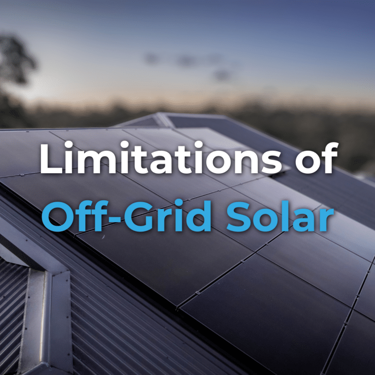 Close-up of solar panels on a rooftop at sunset with the text "Limitations of Off-Grid Solar" superimposed on the image.