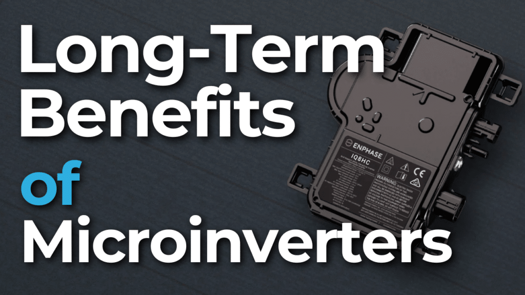 Text reads "Long-Term Benefits of Microinverters" next to an image of a microinverter device on a dark background.
