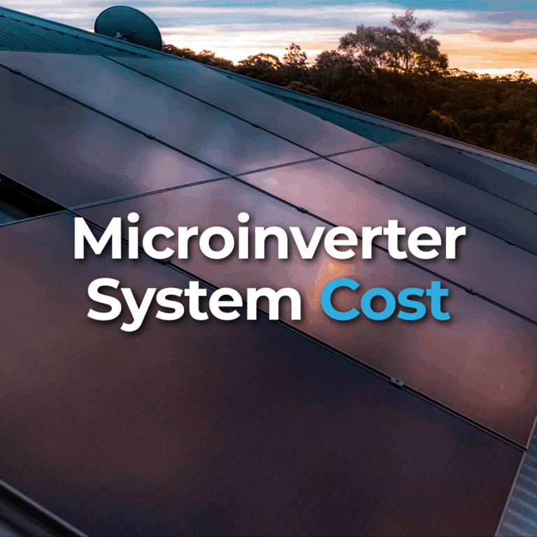 Rooftop solar panels at sunset with the text "Microinverter System Cost" overlaid in large white and blue letters.