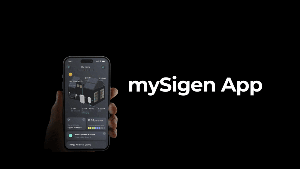 A hand holds a smartphone displaying the mySigen App interface with energy data, next to the text "mySigen App" on a black background.