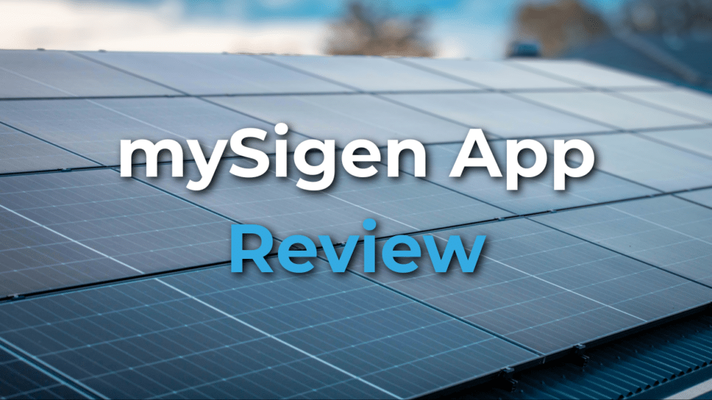 Close-up of rooftop solar panels with blurred background, overlaid text reads “mySigen App Review” in white and blue lettering.