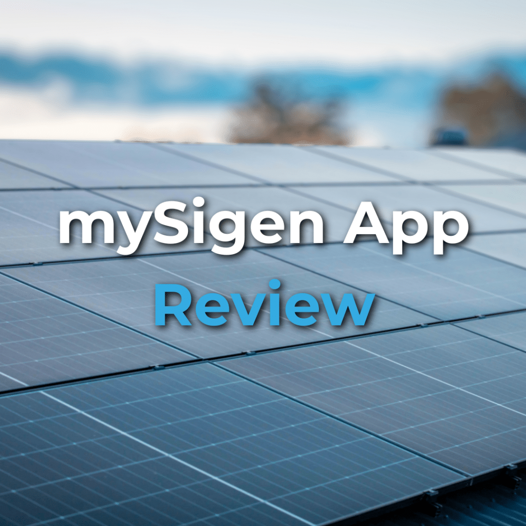 Rows of solar panels outdoors with the text "mySigen App Review" overlaid in white and blue font.