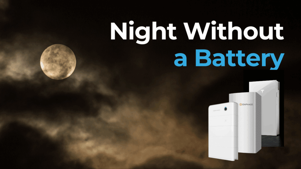 A cloudy night sky with a visible moon is shown on the left; on the right, three home battery storage units are displayed beside the text "Night Without a Battery.