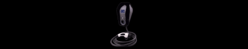 A handheld electric vehicle charging plug with a long coiled cable, shown against a black background.