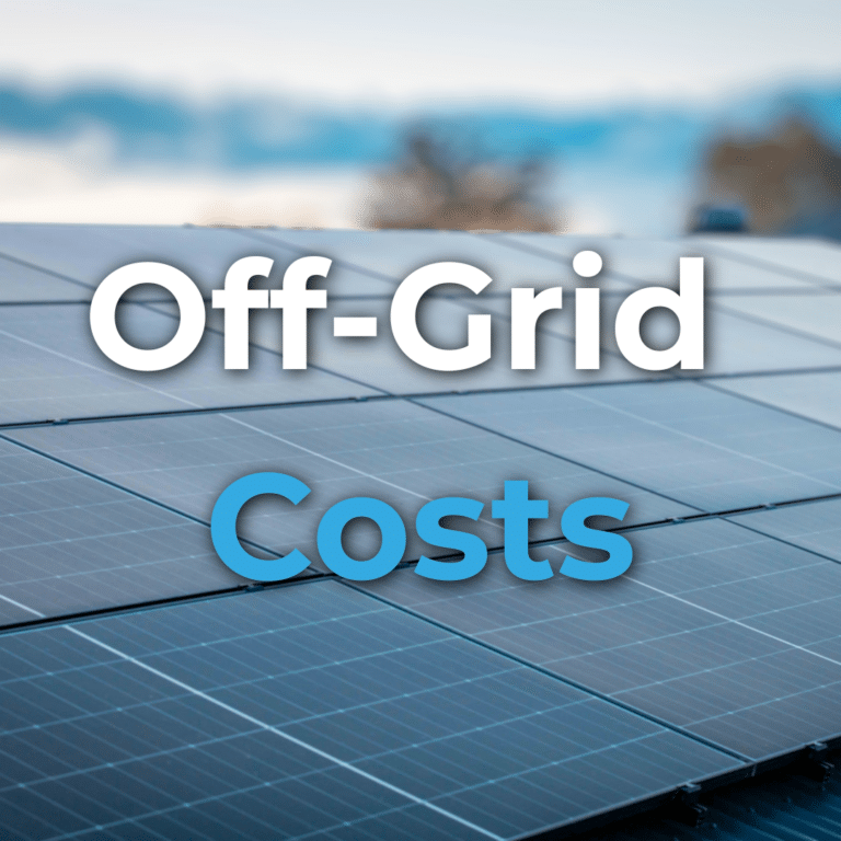 Close-up of solar panels outdoors with blurred trees in the background. The text "Off-Grid Costs" is written over the image.