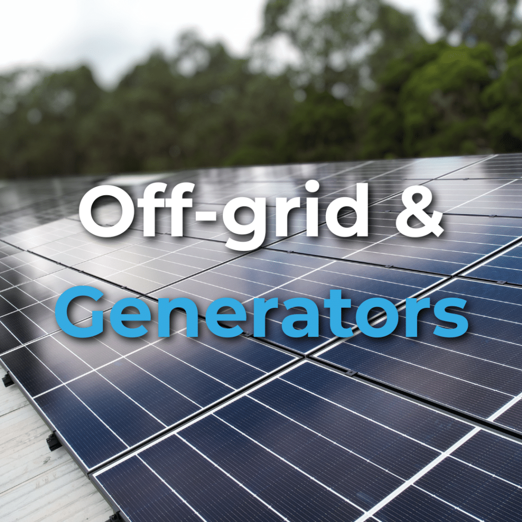 Rows of solar panels outdoors with the text "Off-grid & Generators" overlaid in white and blue font. Trees are visible in the blurred background.
